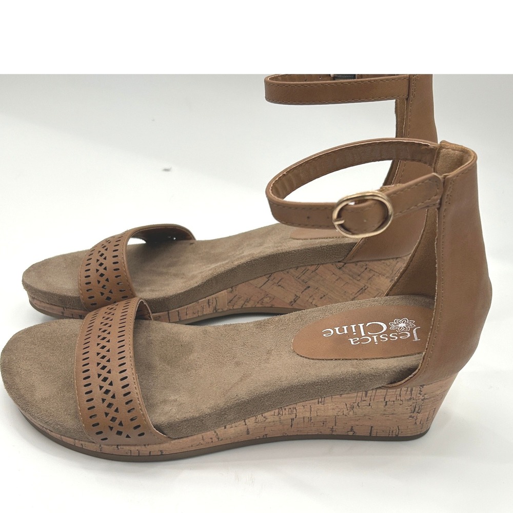 Jessica Cline Adele Brown Wedge Sandals Laser Cut Ankle Strap Womens Size 8.5 M